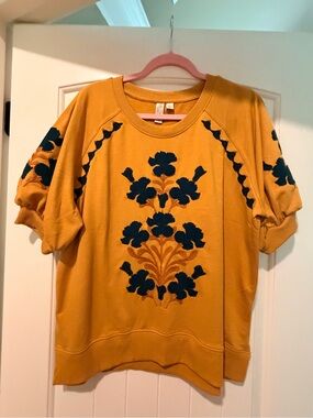 Cato Mustard Yellow Embroidered Short-Sleeve Sweatshirt with Navy Floral Accents